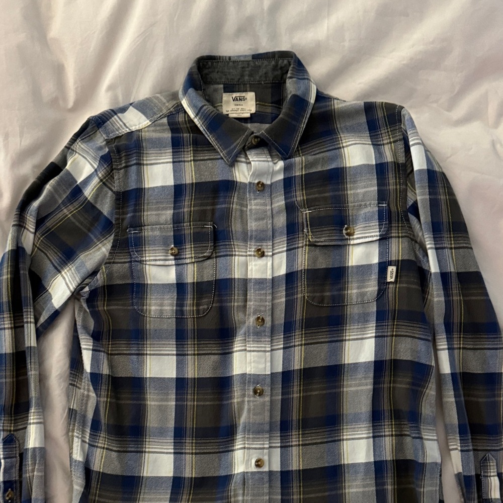 Vans Men's Navy and White Plaid Button Down Shirt